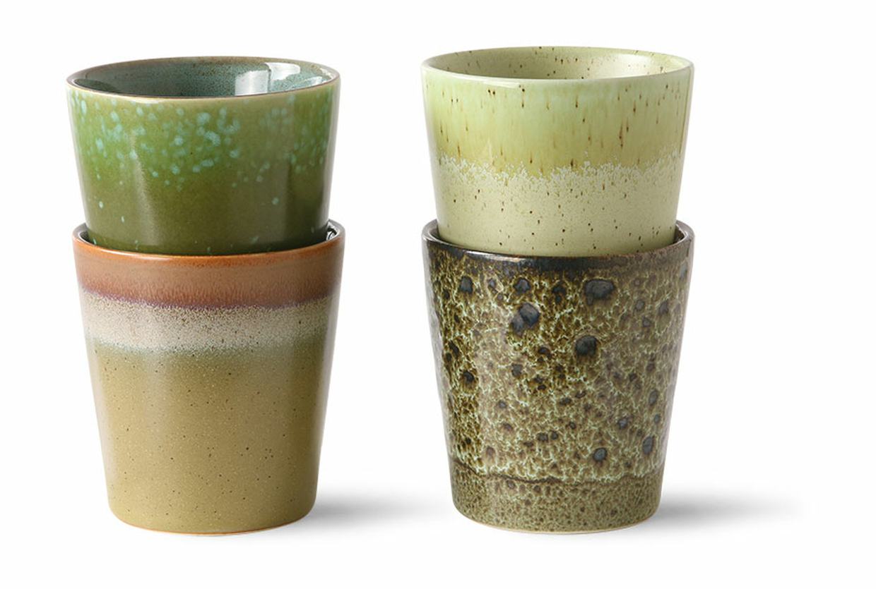 70s ceramics: coffee mugs, spring greens (set of 4)